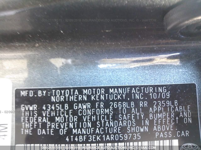 4T4BF3EK1AR059735 - 2010 TOYOTA CAMRY SE/LE/XLE ნაცრისფერი ფოტო 9