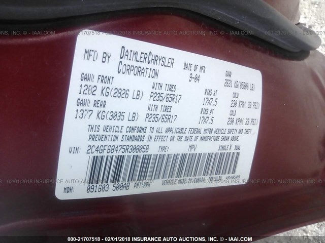 2C4GF68475R308058 - 2005 CHRYSLER PACIFICA TOURING RED photo 9