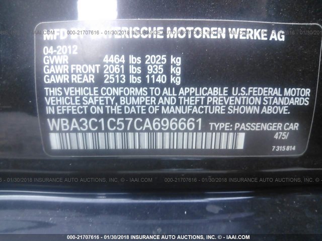 WBA3C1C57CA696661 - 2012 BMW 328 I SULEV BLACK photo 9