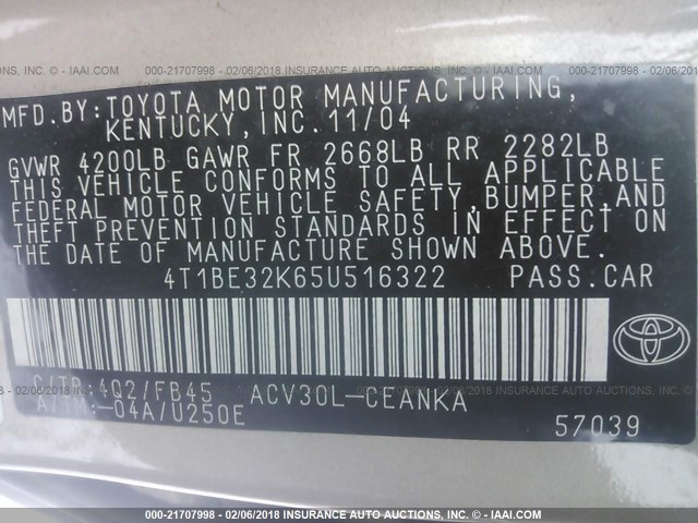 4T1BE32K65U516322 - 2005 TOYOTA CAMRY LE/XLE/SE 金色 照片 9