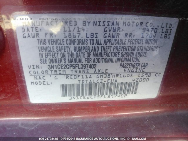 3N1CE2CP5FL397402 - 2015 NISSAN VERSA NOTE S/S PLUS/SV/SL/SR RED photo 9