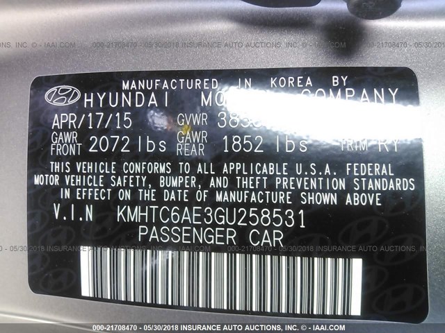 KMHTC6AE3GU258531 - 2016 HYUNDAI VELOSTER TURBO GRAY photo 9