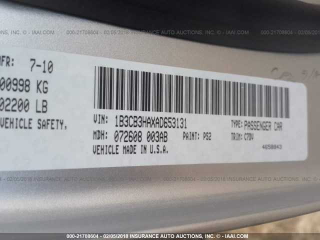 1B3CB3HAXAD653131 - 2010 DODGE CALIBER MAINSTREET SILVER photo 9