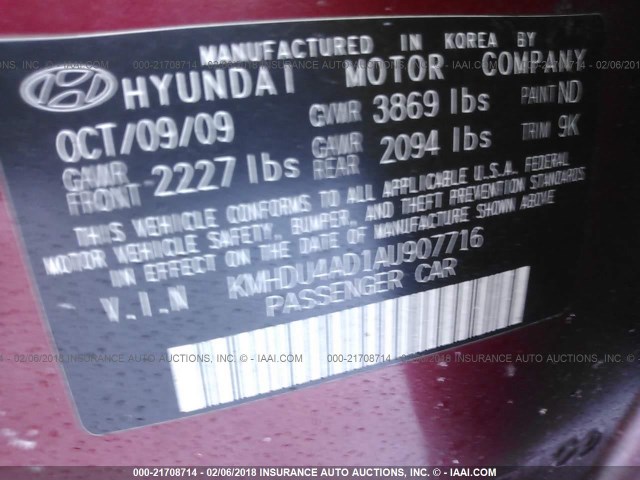 KMHDU4AD1AU907716 - 2010 HYUNDAI ELANTRA BLUE/GLS/SE RED photo 9