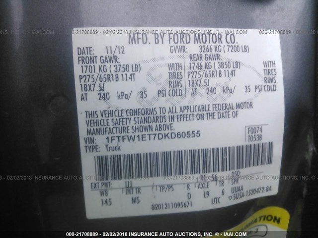 1FTFW1ET7DKD60555 - 2013 FORD F150 SUPERCREW GRAY photo 9