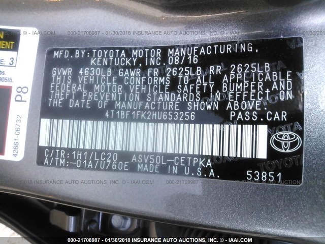 4T1BF1FK2HU653256 - 2017 TOYOTA CAMRY LE/XLE/SE/XSE Gris photo 9