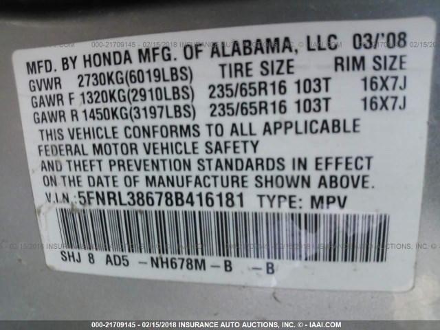5FNRL38678B416181 - 2008 HONDA ODYSSEY EXL ნაცრისფერი ფოტო 9