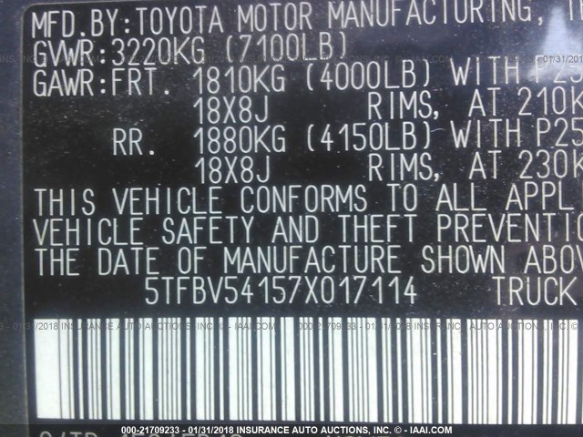 5TFBV54157X017114 - 2007 TOYOTA TUNDRA DOUBLE CAB SR5 GRAY photo 9