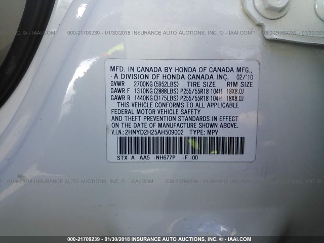 2HNYD2H25AH509002 - 2010 ACURA MDX WHITE photo 9