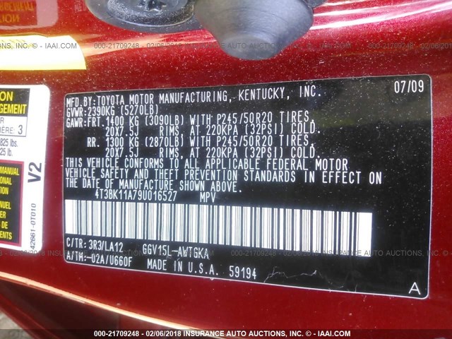 4T3BK11A79U016527 - 2009 TOYOTA VENZA RED photo 9