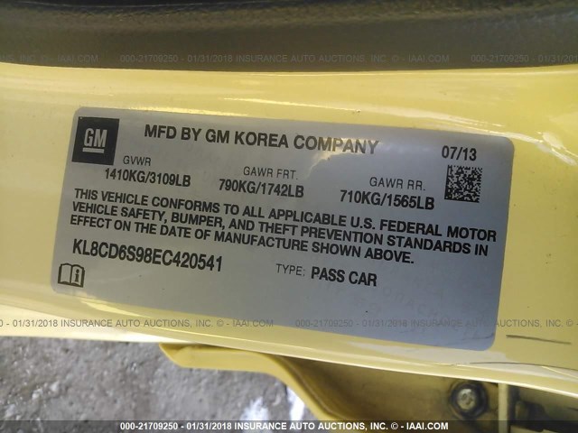 KL8CD6S98EC420541 - 2014 CHEVROLET SPARK 1LT YELLOW photo 9