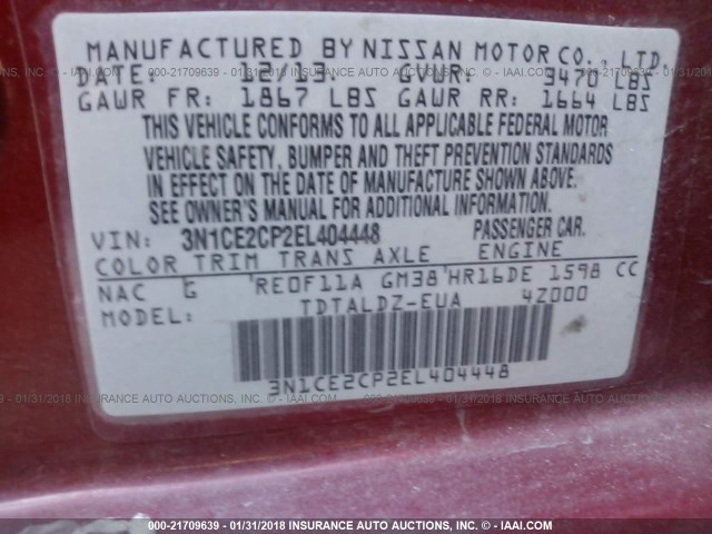 3N1CE2CP2EL404448 - 2014 NISSAN VERSA NOTE S/S PLUS/SV/SL RED photo 9