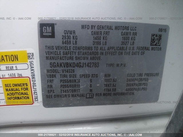 5GAKVBKD4GJ142783 - 2016 BUICK ENCLAVE WHITE photo 9