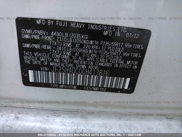 JF2SHADC0DH413816 - 2013 SUBARU FORESTER 2.5X PREMIUM WHITE photo 9