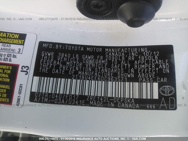 2T1BU4EE6DC963571 - 2013 TOYOTA COROLLA S/LE WHITE photo 9