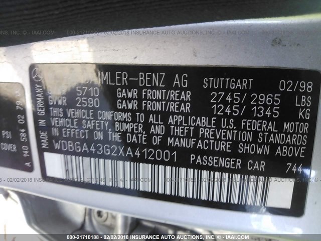 WDBGA43G2XA412001 - 1999 MERCEDES-BENZ S 420 SILVER photo 9