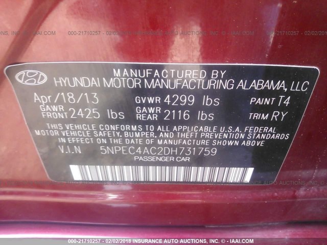 5NPEC4AC2DH731759 - 2013 HYUNDAI SONATA SE/LIMITED RED photo 9