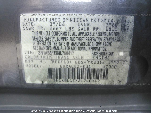 3N1AB61EX8L760417 - 2008 NISSAN SENTRA 2.0/2.0S/2.0SL GRAY photo 9