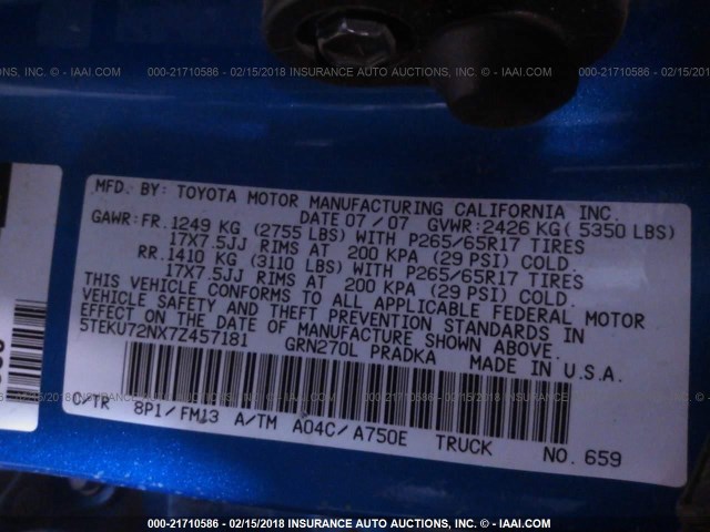 5TEKU72NX7Z457181 - 2007 TOYOTA TACOMA DBL CAB PRERUNNER LNG BED BLUE photo 9