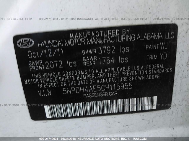 5NPDH4AE5CH115955 - 2012 HYUNDAI ELANTRA GLS/LIMITED WHITE photo 9