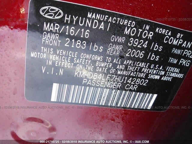 KMHD84LF7HU142802 - 2017 HYUNDAI ELANTRA SE/VALUE/LIMITED RED photo 9