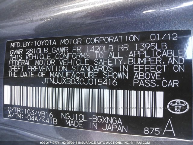 JTNJJXB03CJ015416 - 2012 TOYOTA SCION IQ GRAY photo 9