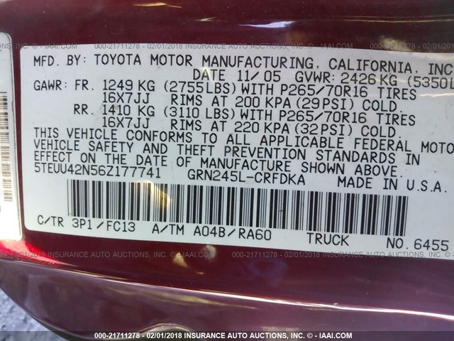 5TEUU42N56Z177741 - 2006 TOYOTA TACOMA ACCESS CAB Անհայտ լուսանկար 9