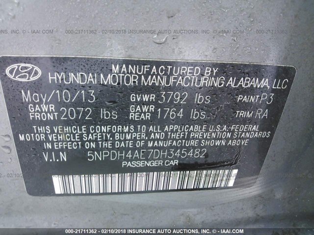 5NPDH4AE7DH345482 - 2013 HYUNDAI ELANTRA GLS/LIMITED GRAY photo 9