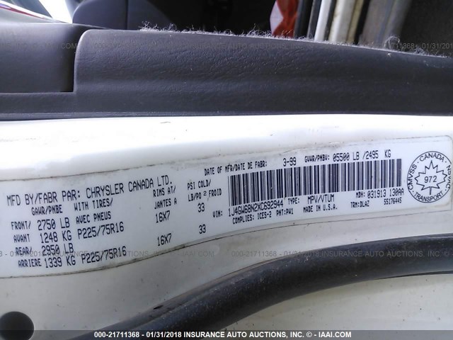 1J4GW68N2XC692944 - 1999 JEEP GRAND CHEROKEE LIMITED WHITE photo 9