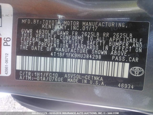 4T1BF1FK9HU384298 - 2017 TOYOTA CAMRY LE/XLE/SE/XSE GRAY photo 9