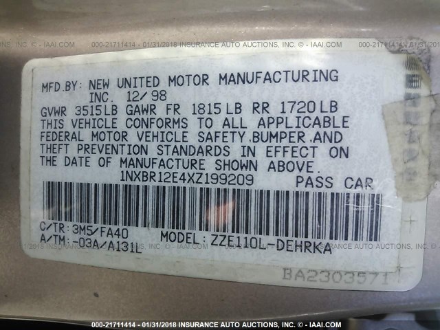 1NXBR12E4XZ199209 - 1999 TOYOTA COROLLA VE/CE/LE 棕色 照片 9