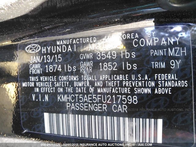 KMHCT5AE5FU217598 - 2015 HYUNDAI ACCENT GS BLACK photo 9