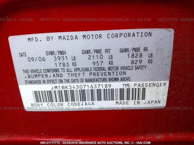 JM1BK343071637189 - 2007 MAZDA 3 HATCHBACK RED photo 9