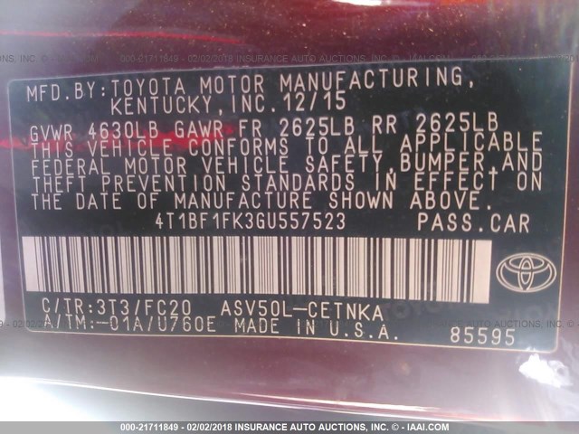 4T1BF1FK3GU557523 - 2016 TOYOTA CAMRY LE/XLE/SE/XSE RED photo 9