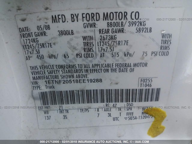1FTNF20518EE19288 - 2008 FORD F250 SUPER DUTY WHITE photo 9