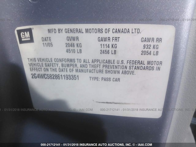 2G4WC582861193351 - 2006 BUICK LACROSSE CX SILVER photo 9