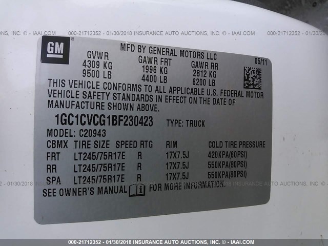 1GC1CVCG1BF230423 - 2011 CHEVROLET SILVERADO C2500 HEAVY DUTY WHITE photo 9