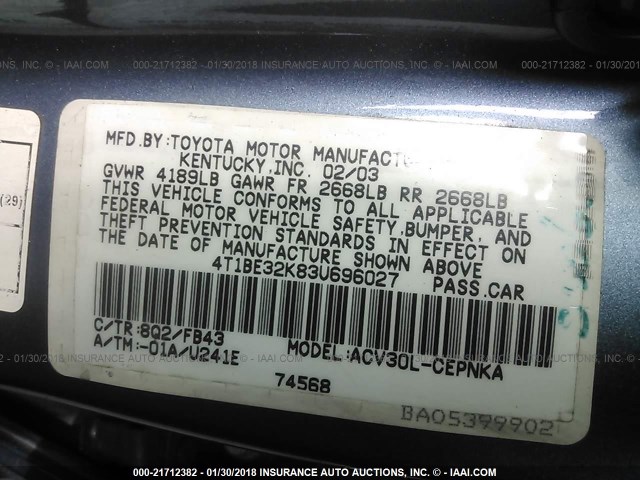 4T1BE32K83U696027 - 2003 TOYOTA CAMRY LE/XLE/SE ლურჯი ფოტო 9