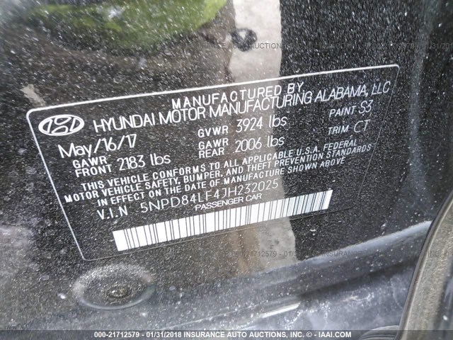 5NPD84LF4JH232025 - 2018 HYUNDAI ELANTRA SEL/VALUE/LIMITED BLACK photo 9