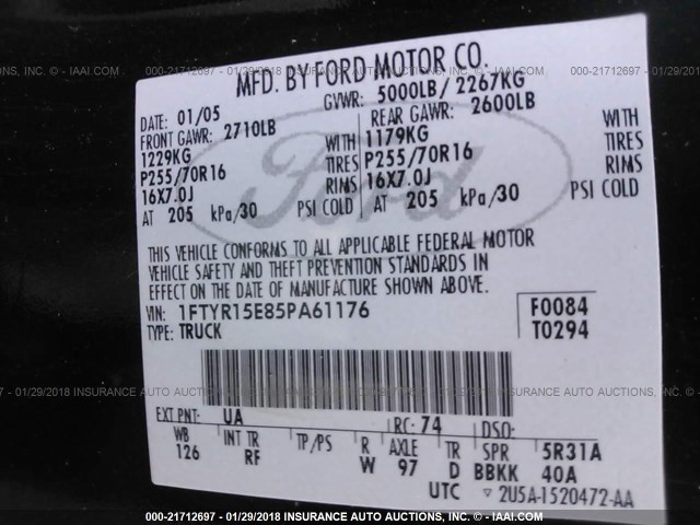 1FTYR15E85PA61176 - 2005 FORD RANGER SUPER CAB BLACK photo 9