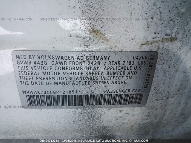 WVWAK73C58P121851 - 2008 VOLKSWAGEN PASSAT KOMFORT WHITE photo 9