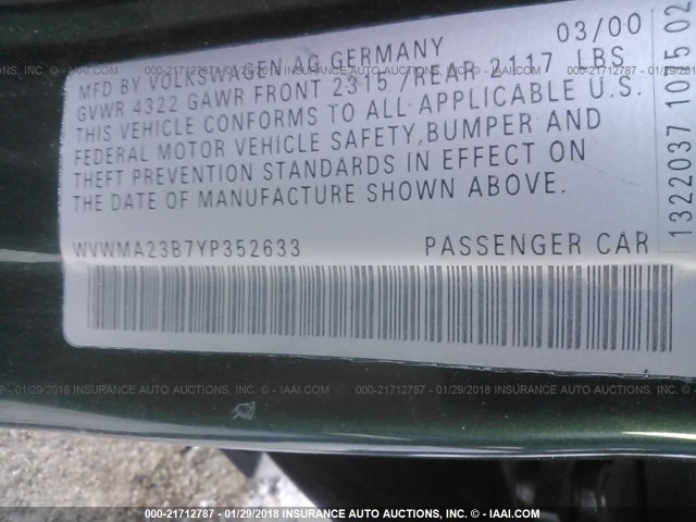 WVWMA23B7YP352633 - 2000 VOLKSWAGEN PASSAT GLS GREEN photo 9