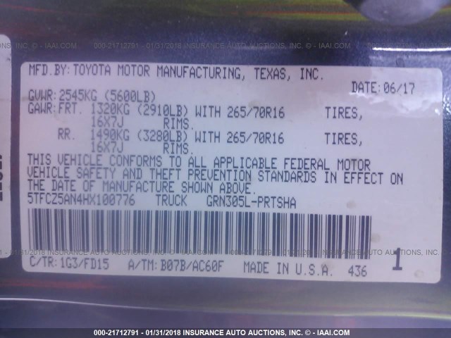 5TFCZ5AN4HX100776 - 2017 TOYOTA TACOMA DBL CAB/SR/TRDSPT/OR/PRO ნაცრისფერი ფოტო 9