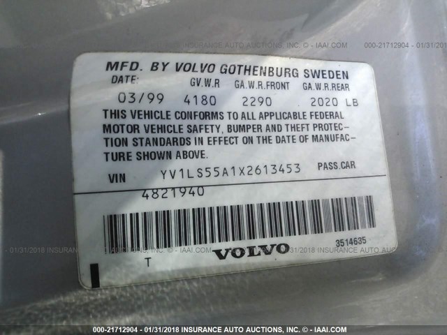 YV1LS55A1X2613453 - 1999 VOLVO S70 SILVER photo 9