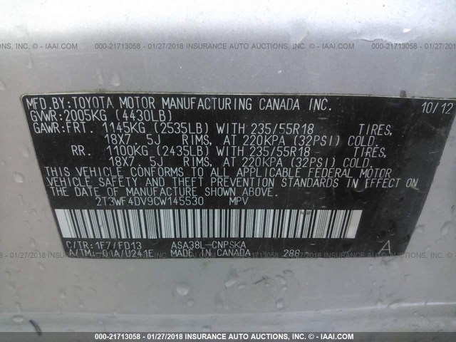 2T3WF4DV9CW145530 - 2012 TOYOTA RAV4 SPORT SILVER photo 9