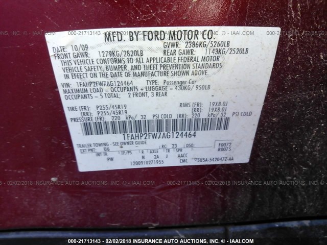 1FAHP2FW7AG124464 - 2010 FORD TAURUS LIMITED RED photo 9