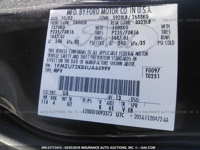 1FMZU73K84UA44999 - 2004 FORD EXPLORER XLT/XLT SPORT/NBX BLACK photo 9