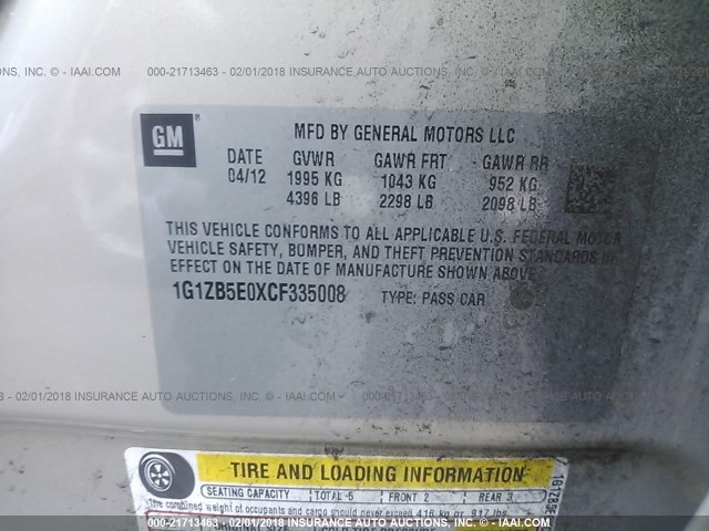 1G1ZB5E0XCF335008 - 2012 CHEVROLET MALIBU LS 金色 照片 9