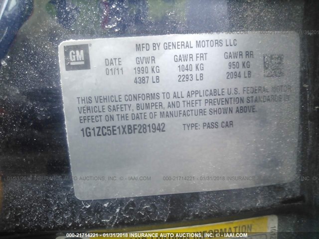 1G1ZC5E1XBF281942 - 2011 CHEVROLET MALIBU 1LT 蓝色 照片 9