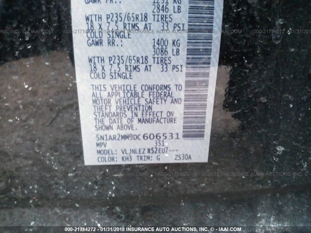 5N1AR2MM9DC606531 - 2013 NISSAN PATHFINDER S/SV/SL/PLATINUM BLACK photo 9